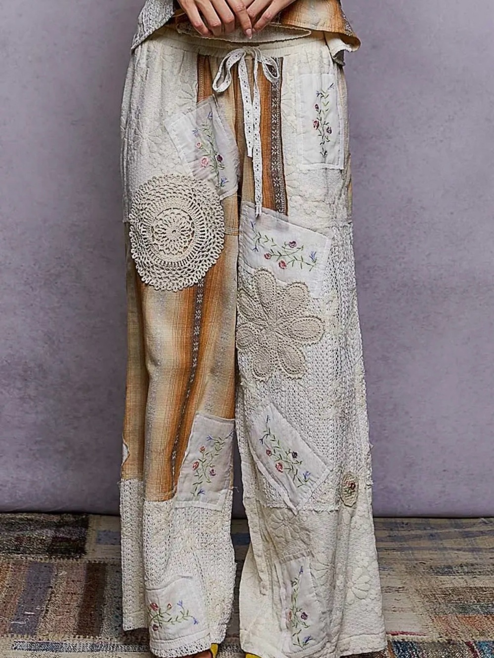 POL Cream & Tan Patchwork Wide-Leg Pants